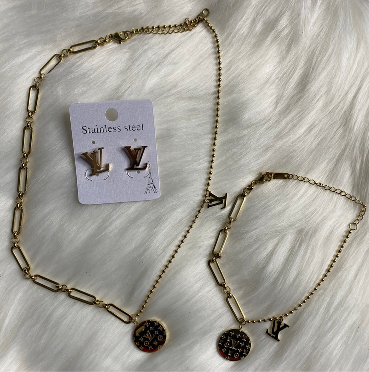 Louis Vuitton gold necklace and earring set